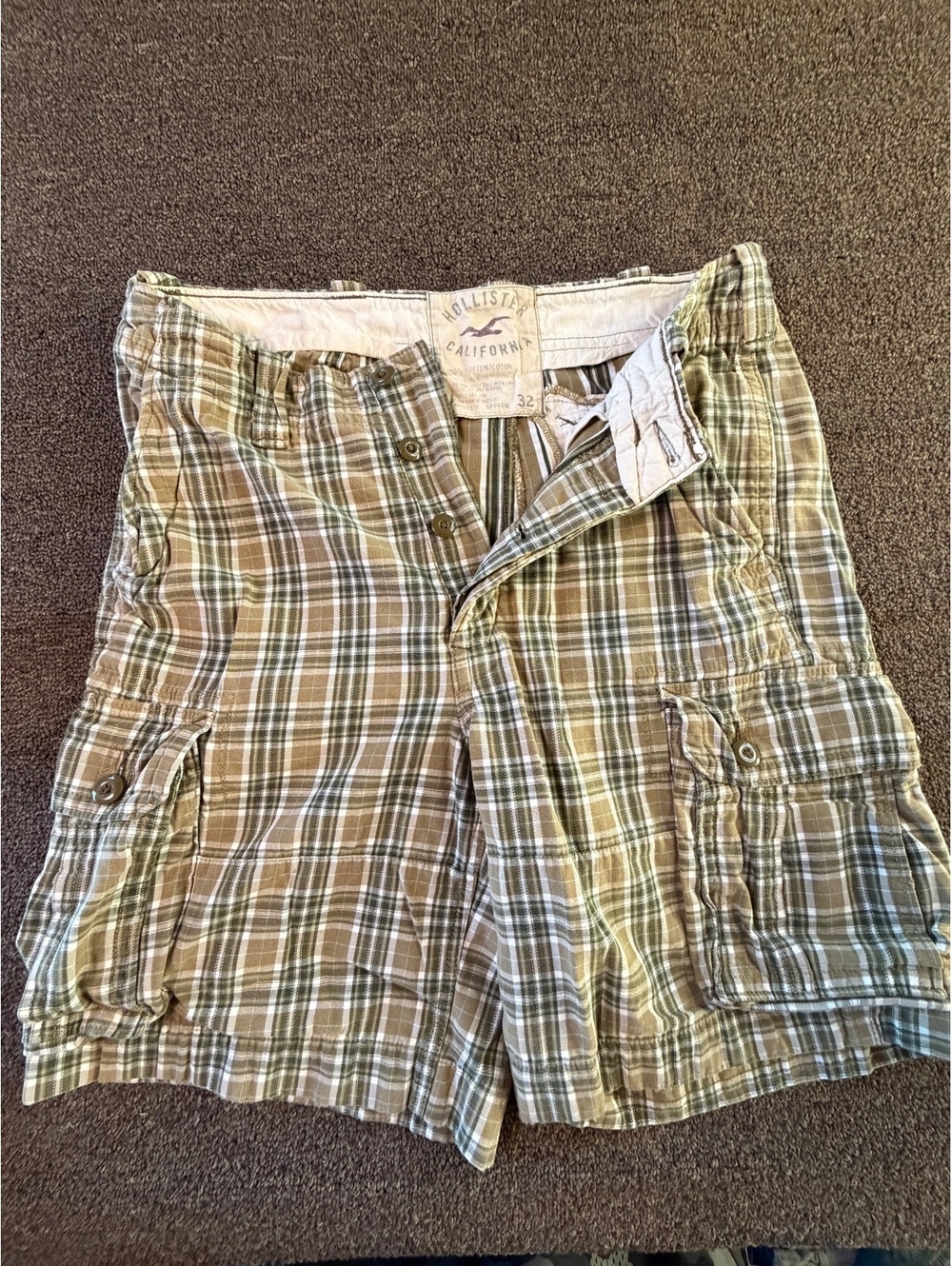 Hollister Mens 32 Plaid Cargo Shorts Brown Green Cotton
